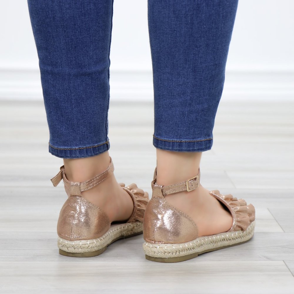 Sparkly Champagne Espadrille Ruffle Sandals - Picture 7 of 11